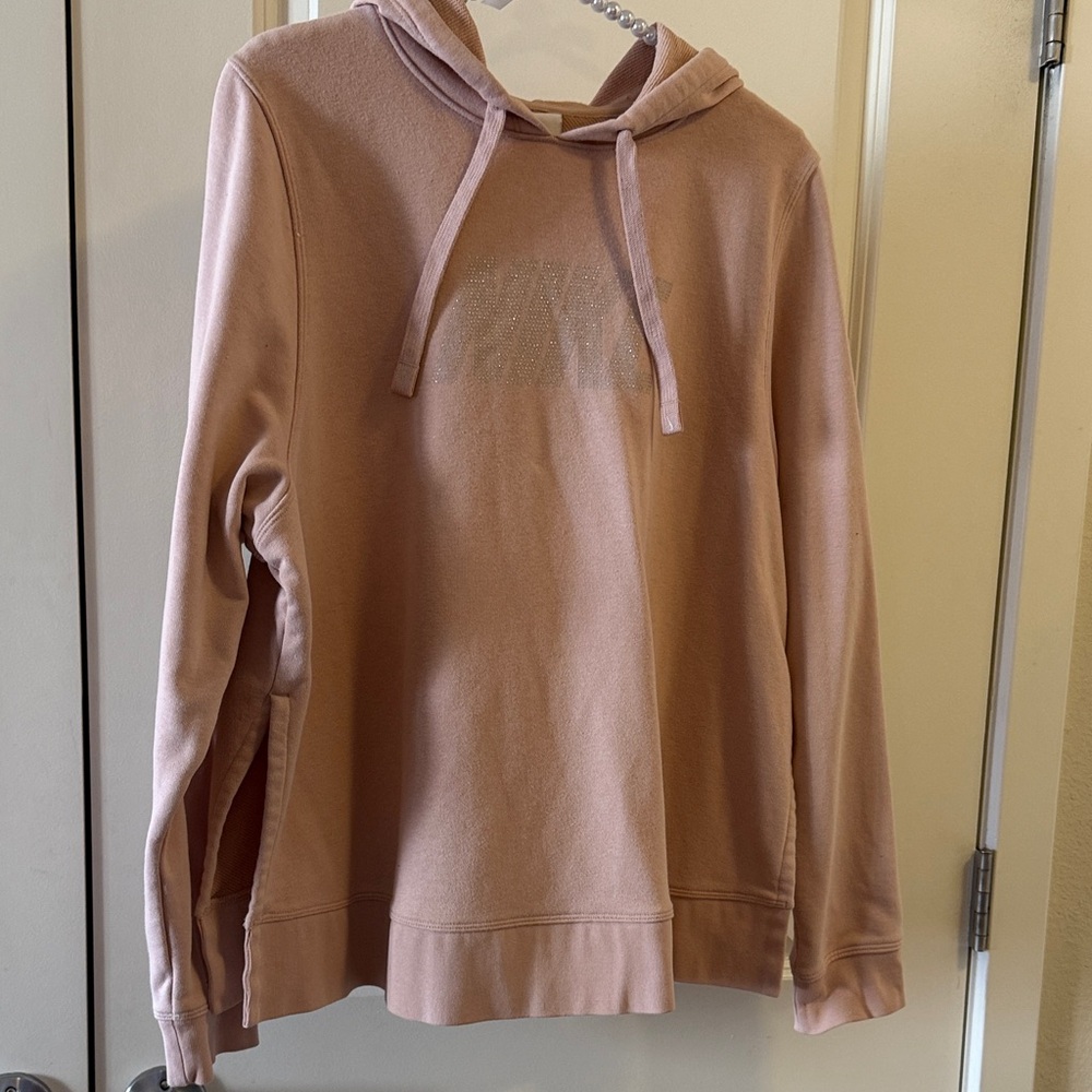 EUC Women's Nike Pink Glitter Logo Hoodie Tunic Style Sweatshirt Size Large